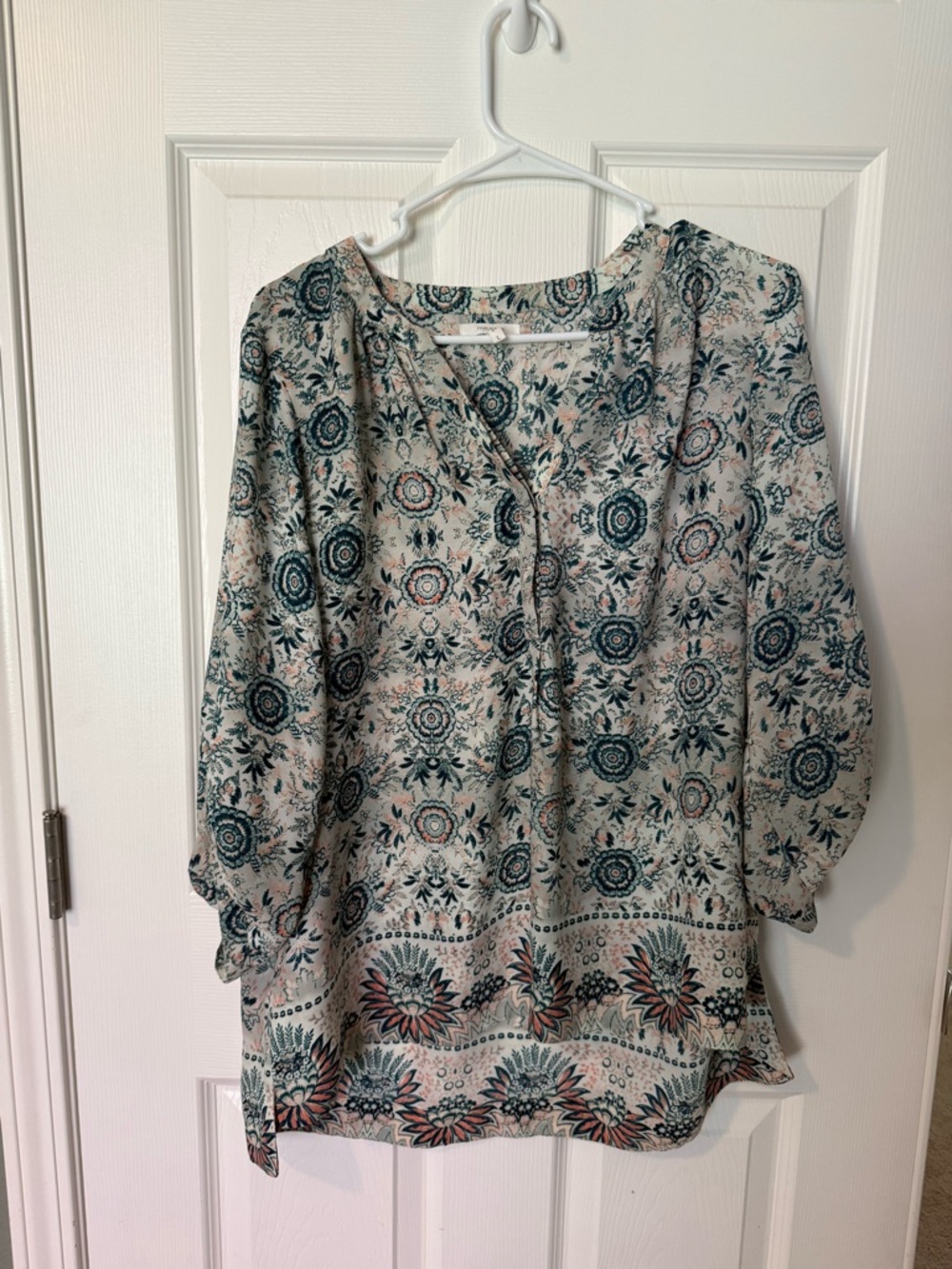 Maurice’s Floral Print V-Neck Long Sleeve Blouse - Teal & Coral